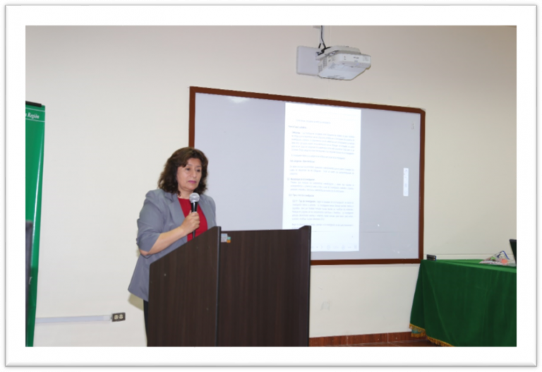 La Dra. Rina María Álvarez Becerra, desarrollando la ponencia sobre en Enfoque Cualitativo.